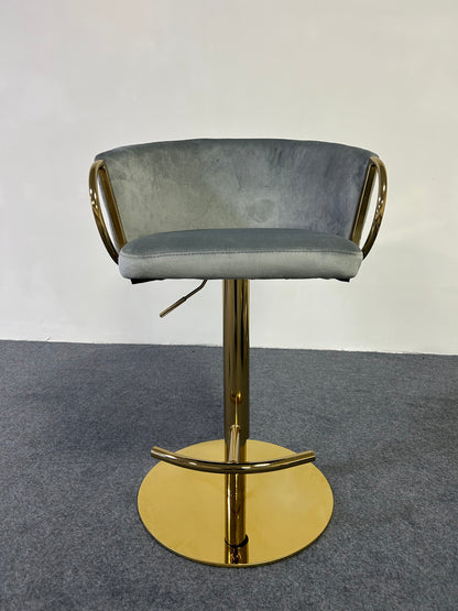 Modern Golden Barstool with a grey velvet seat and gold base, perfect for stylish interiors.