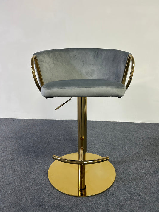 Modern Golden Barstool with a grey velvet seat and gold base, perfect for stylish interiors.